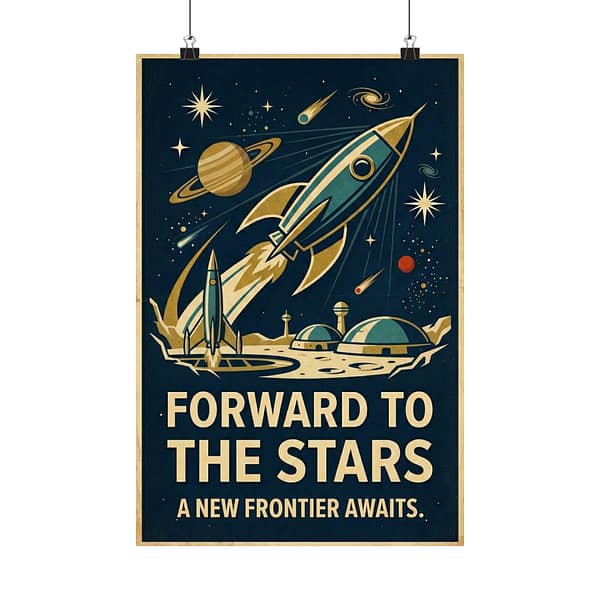 17687579366812919596_2048-1.jpeg Forward to the Stars, A New Frontier Awaits – LUNE Original – Space Age Poster Print