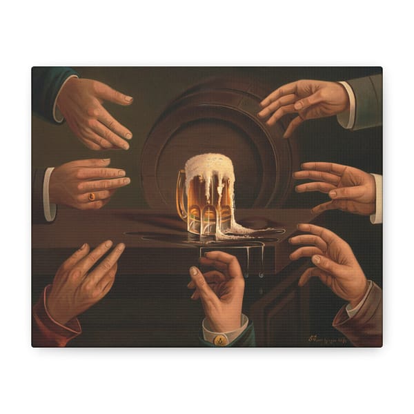 18134525143472905773_2048.jpeg Seven Male Hands Encircling a Mug of Beer - J. C. MacGregor (1876) - Vintage Art Canvas Print