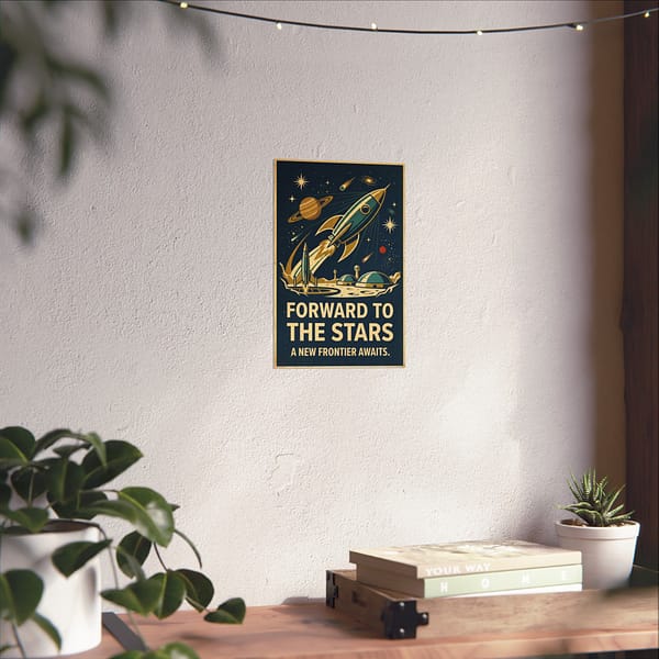 11472877890986258423_2048.jpeg Forward to the Stars, A New Frontier Awaits – LUNE Original – Space Age Poster Print