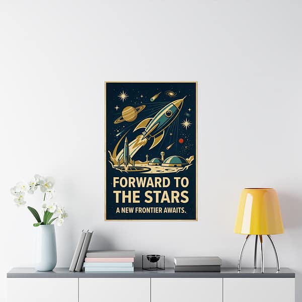 11577307759450914493_2048.jpeg Forward to the Stars, A New Frontier Awaits – LUNE Original – Space Age Poster Print
