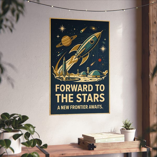 135723678634003295_2048.jpeg Forward to the Stars, A New Frontier Awaits – LUNE Original – Space Age Poster Print