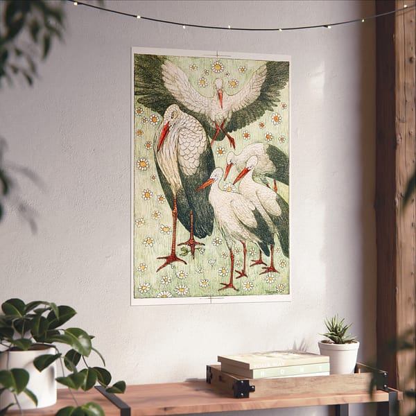 13654730964585207780_2048.jpeg Five storks in a meadow (Vijf ooievaars in een wei) - Theo van Hoytema (c. 1878) - Art Nouveau Poster Print