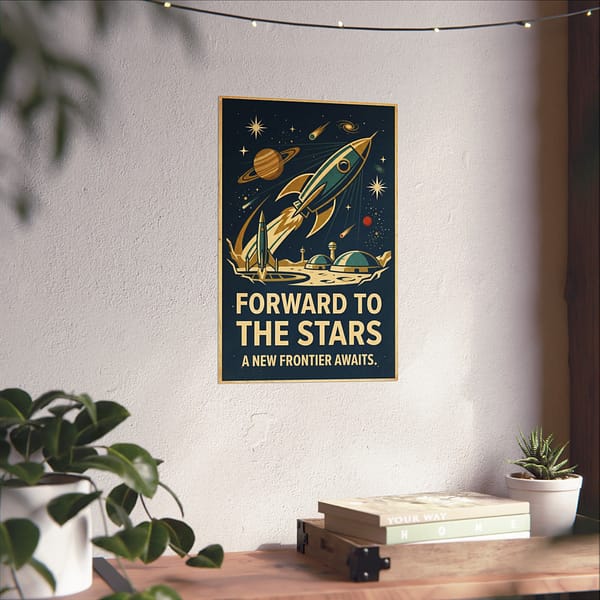 13914748340618590446_2048.jpeg Forward to the Stars, A New Frontier Awaits – LUNE Original – Space Age Poster Print