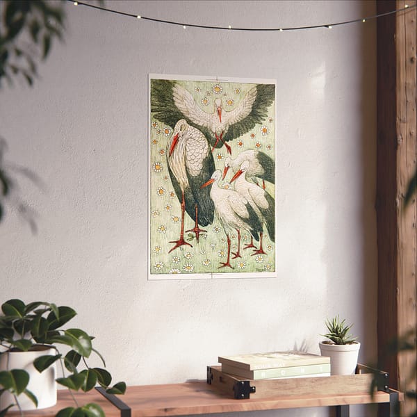 16106211930243904261_2048.jpeg Five storks in a meadow (Vijf ooievaars in een wei) - Theo van Hoytema (c. 1878) - Art Nouveau Poster Print