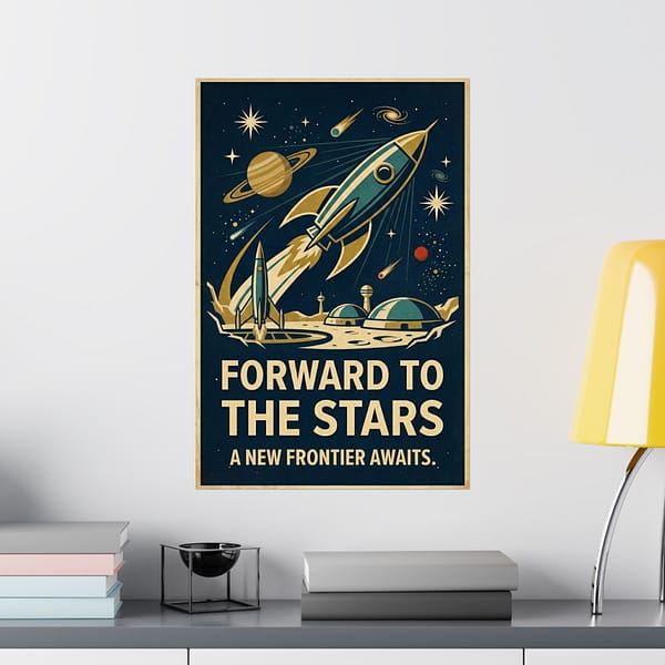 16328595466493790034_2048.jpeg Forward to the Stars, A New Frontier Awaits – LUNE Original – Space Age Poster Print