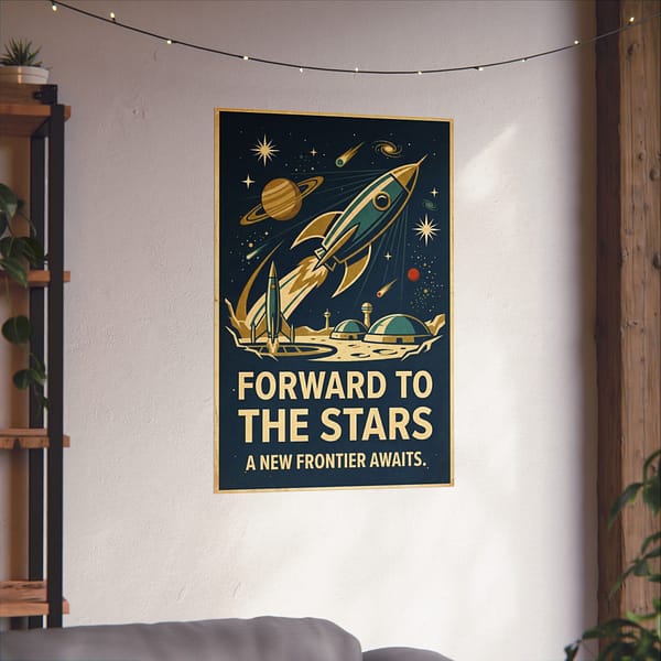 17302697422156108221_2048.jpeg Forward to the Stars, A New Frontier Awaits – LUNE Original – Space Age Poster Print