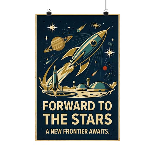 17687579366812919596_2048.jpeg Forward to the Stars, A New Frontier Awaits – LUNE Original – Space Age Poster Print
