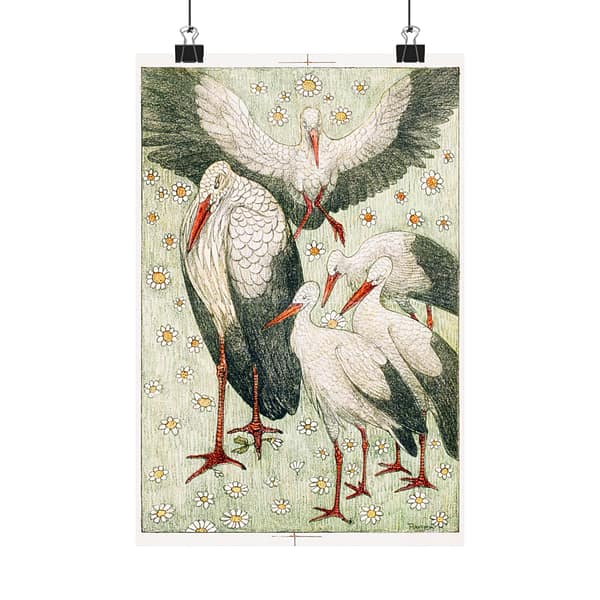 17955506316455869091_2048.jpeg Five storks in a meadow (Vijf ooievaars in een wei) - Theo van Hoytema (c. 1878) - Art Nouveau Poster Print
