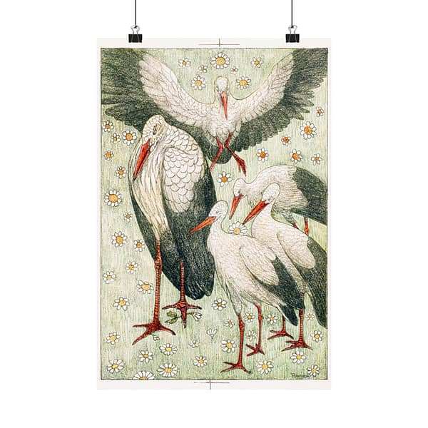 18179240826284924436_2048.jpeg Five storks in a meadow (Vijf ooievaars in een wei) - Theo van Hoytema (c. 1878) - Art Nouveau Poster Print
