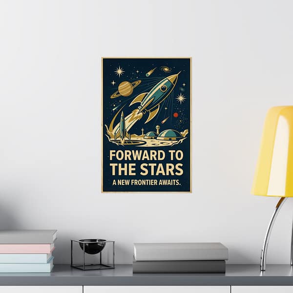 3438383535292956142_2048.jpeg Forward to the Stars, A New Frontier Awaits – LUNE Original – Space Age Poster Print