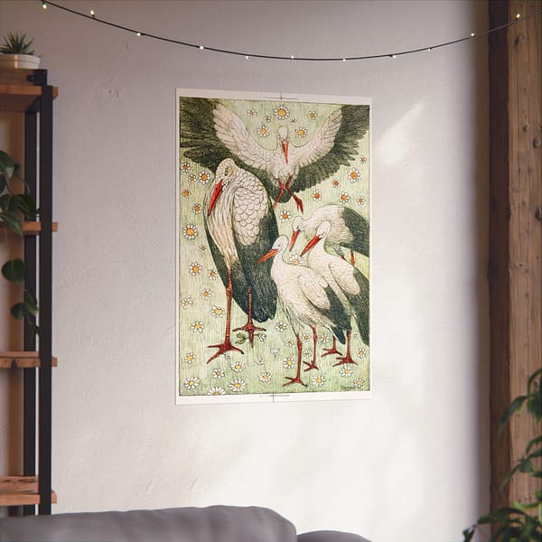7161080273641550876_2048.jpeg Five storks in a meadow (Vijf ooievaars in een wei) - Theo van Hoytema (c. 1878) - Art Nouveau Poster Print