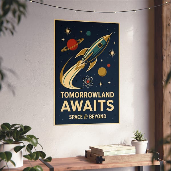 7784998344476537387_2048.jpeg Tomorrowland Awaits, Space & Beyond – LUNE Original – Space Age Poster Print
