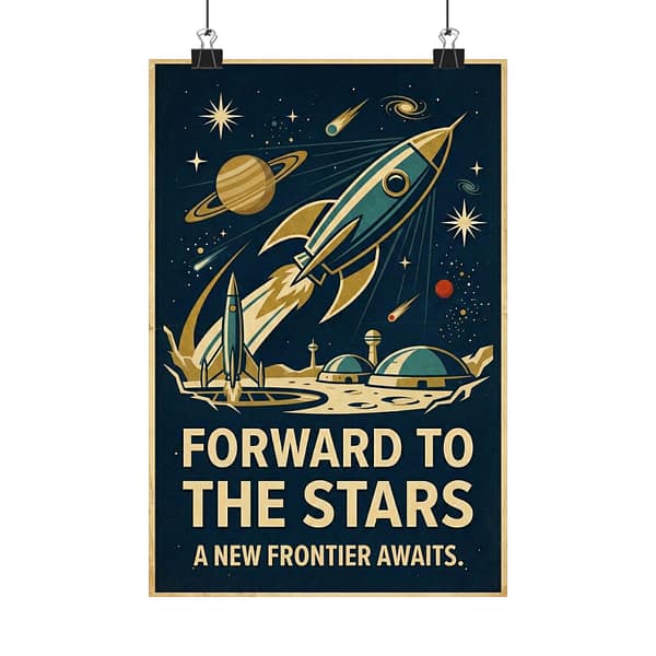 8247095002448053975_2048.jpeg Forward to the Stars, A New Frontier Awaits – LUNE Original – Space Age Poster Print
