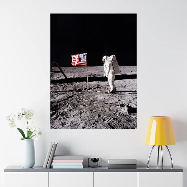 11223796398730194368_2048.jpeg Buzz Aldrin on the moon beside the US Flag - Apollo 11 Mission - NASA (1969) - Space Age Poster Print