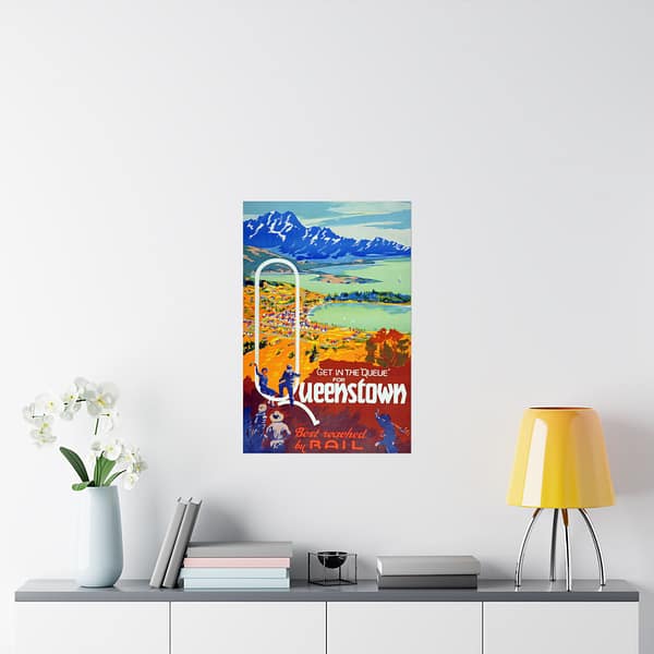 12039330348673268076_2048.jpeg Get in the Queue, Queenstown - New Zealand Railways Department (c. 1945-35) - Vintage Travel Poster Print