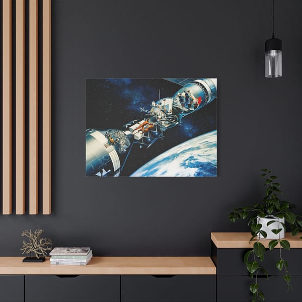 12470554388376079803_2048.jpeg Cutaway of Docked Apollo and Soyuz Spacecraft in Earth Orbit - Davis Meltzer (c. 1975) - Space Age Canvas Print