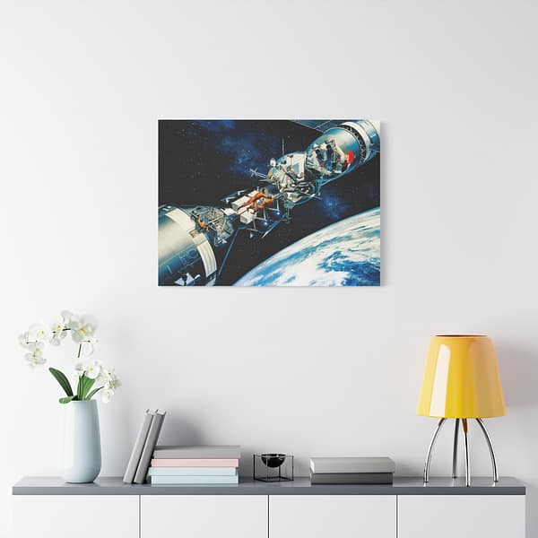 12530777906317207810_2048.jpeg Cutaway of Docked Apollo and Soyuz Spacecraft in Earth Orbit - Davis Meltzer (c. 1975) - Space Age Canvas Print