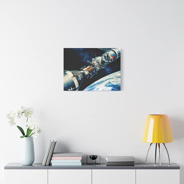12953515592395007844_2048.jpeg Cutaway of Docked Apollo and Soyuz Spacecraft in Earth Orbit - Davis Meltzer (c. 1975) - Space Age Canvas Print