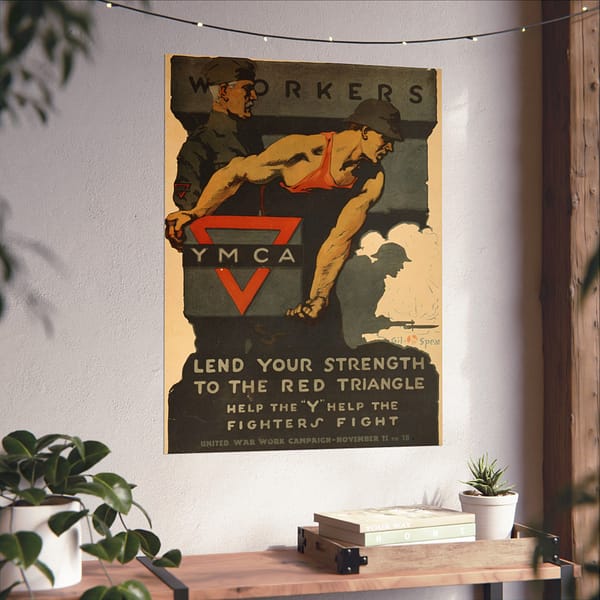 13500510859783079712_2048.jpeg Workers, Lend Your Strength to the Red Triangle - Help the Y Help the Fighters Fight - Gil Spear (1918) - Patriotic WWI Poster Print