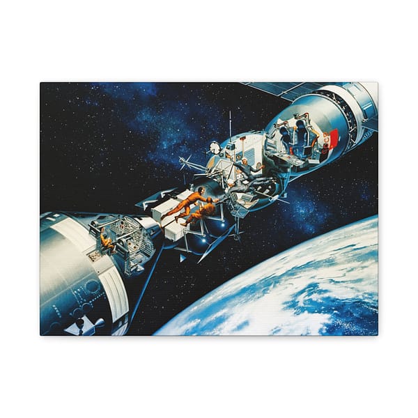 13556395217179632071_2048.jpeg Cutaway of Docked Apollo and Soyuz Spacecraft in Earth Orbit - Davis Meltzer (c. 1975) - Space Age Canvas Print