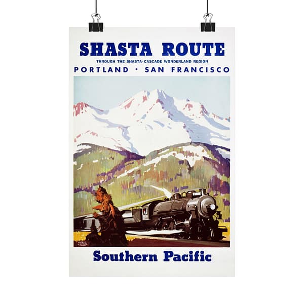 14686265498742181472_2048.jpeg Shasta Route Through the Shasta-Cascade Wonderland Region - Southern Pacific - Maurice Logan (1950) - Vintage Travel Poster Print