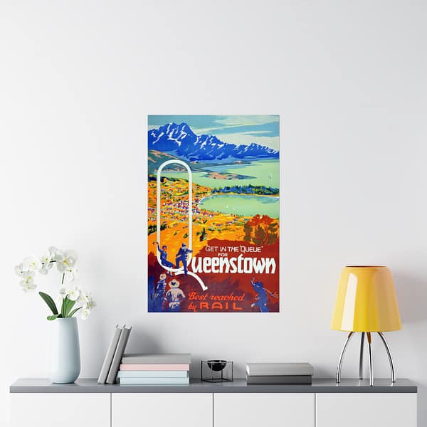 15893404078748593826_2048.jpeg Get in the Queue, Queenstown - New Zealand Railways Department (c. 1945-35) - Vintage Travel Poster Print