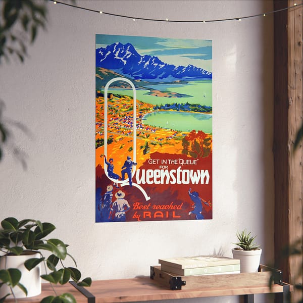 16223290803319478306_2048.jpeg Get in the Queue, Queenstown - New Zealand Railways Department (c. 1945-35) - Vintage Travel Poster Print
