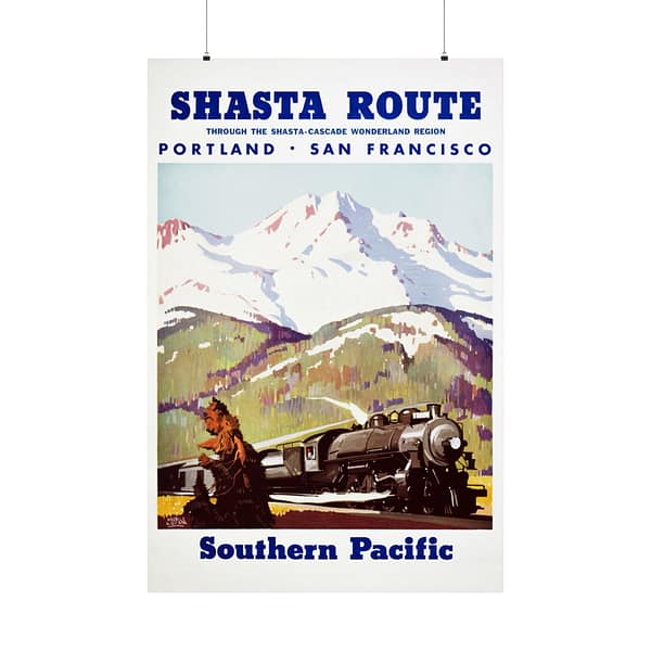16688042165301903380_2048.jpeg Shasta Route Through the Shasta-Cascade Wonderland Region - Southern Pacific - Maurice Logan (1950) - Vintage Travel Poster Print