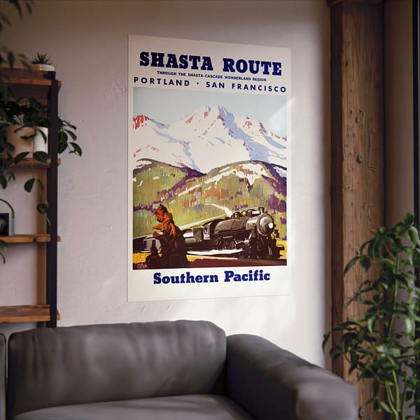 17499659921503141691_2048.jpeg Shasta Route Through the Shasta-Cascade Wonderland Region - Southern Pacific - Maurice Logan (1950) - Vintage Travel Poster Print