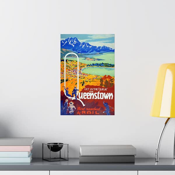 17970025384926628367_2048.jpeg Get in the Queue, Queenstown - New Zealand Railways Department (c. 1945-35) - Vintage Travel Poster Print