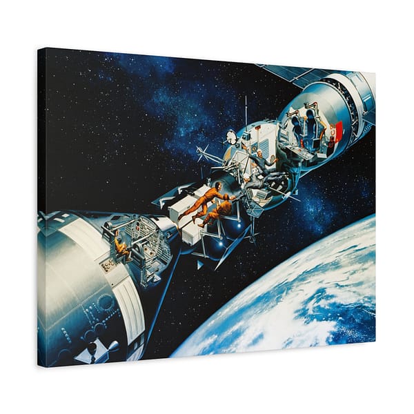 18153627874181337161_2048.jpeg Cutaway of Docked Apollo and Soyuz Spacecraft in Earth Orbit - Davis Meltzer (c. 1975) - Space Age Canvas Print