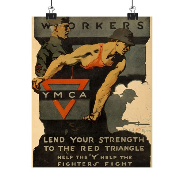 18181576543195344173_2048.jpeg Workers, Lend Your Strength to the Red Triangle - Help the Y Help the Fighters Fight - Gil Spear (1918) - Patriotic WWI Poster Print