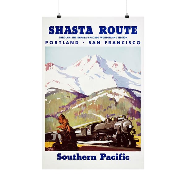 18204535893917151432_2048.jpeg Shasta Route Through the Shasta-Cascade Wonderland Region - Southern Pacific - Maurice Logan (1950) - Vintage Travel Poster Print