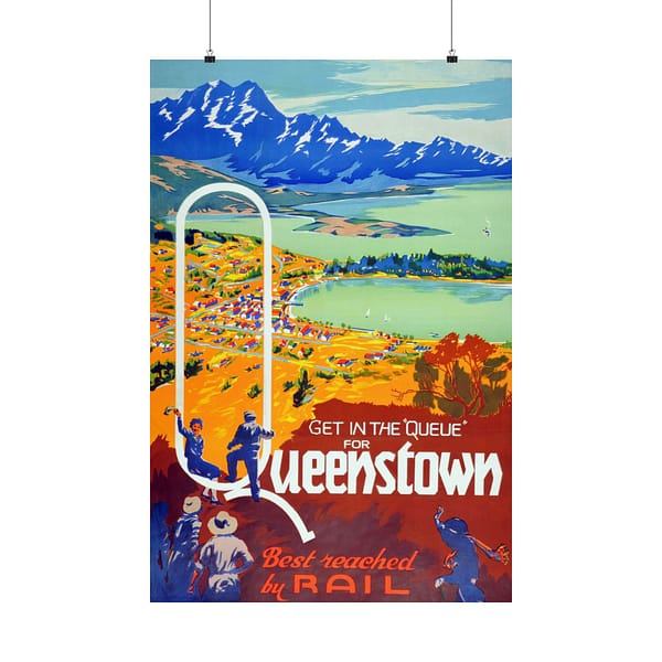 18225660317860562881_2048.jpeg Get in the Queue, Queenstown - New Zealand Railways Department (c. 1945-35) - Vintage Travel Poster Print