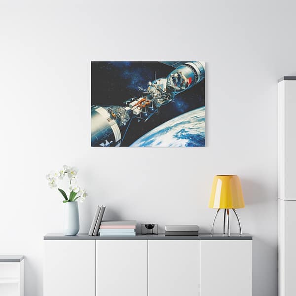 18400206035951936267_2048.jpeg Cutaway of Docked Apollo and Soyuz Spacecraft in Earth Orbit - Davis Meltzer (c. 1975) - Space Age Canvas Print