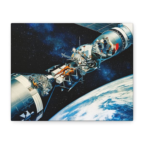 2000743294412460719_2048.jpeg Cutaway of Docked Apollo and Soyuz Spacecraft in Earth Orbit - Davis Meltzer (c. 1975) - Space Age Canvas Print