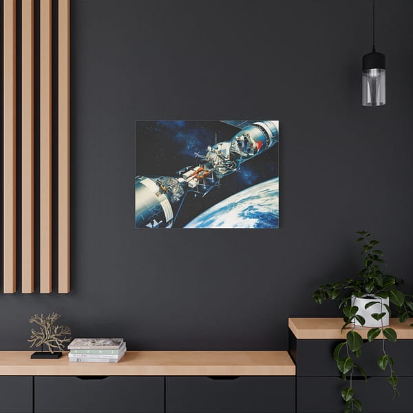 2187410543567162030_2048.jpeg Cutaway of Docked Apollo and Soyuz Spacecraft in Earth Orbit - Davis Meltzer (c. 1975) - Space Age Canvas Print