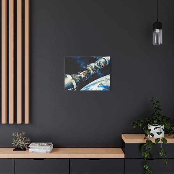 2820116915004480321_2048.jpeg Cutaway of Docked Apollo and Soyuz Spacecraft in Earth Orbit - Davis Meltzer (c. 1975) - Space Age Canvas Print