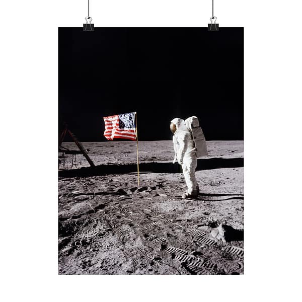 3385384231404305393_2048.jpeg Buzz Aldrin on the moon beside the US Flag - Apollo 11 Mission - NASA (1969) - Space Age Poster Print