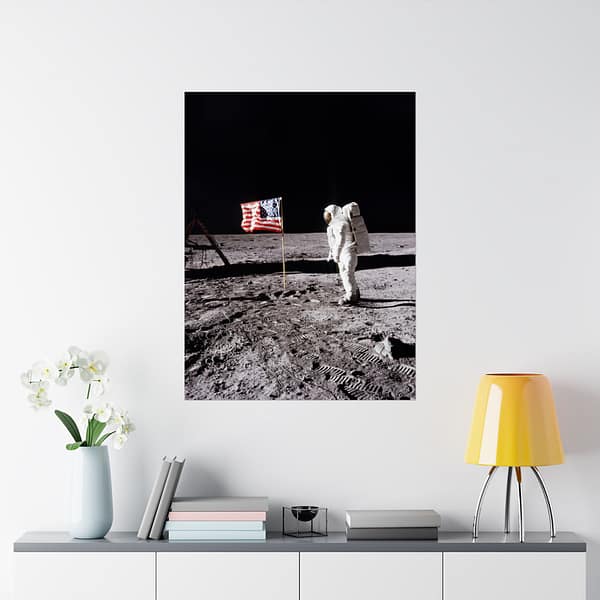 488211033544318696_2048.jpeg Buzz Aldrin on the moon beside the US Flag - Apollo 11 Mission - NASA (1969) - Space Age Poster Print