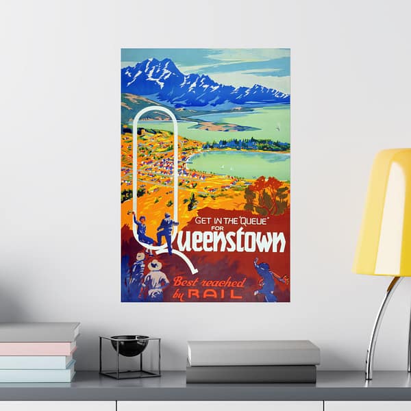 6617090349759125493_2048.jpeg Get in the Queue, Queenstown - New Zealand Railways Department (c. 1945-35) - Vintage Travel Poster Print
